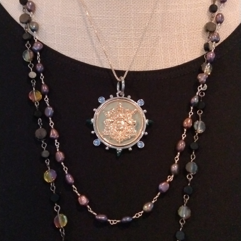 French Replica Gold coin silver bezel bluegreen gemstones On Blue Leather Chain - Picture 4 of 8
